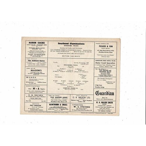 Woodford Town v Chertsey Town Friendly Football Programme 1960/61