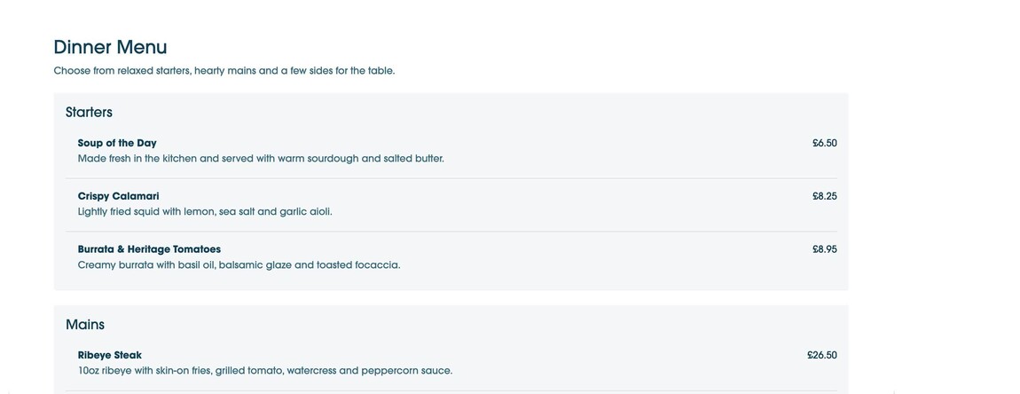 Screenshot of the Sectioned Price List element in Webfactory's Website Editor