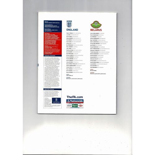2009 England v Belarus Football Programme
