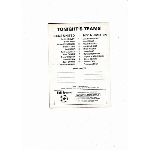 Leeds United v NEC Nijmegen Friendly Football Programme 1979/80
