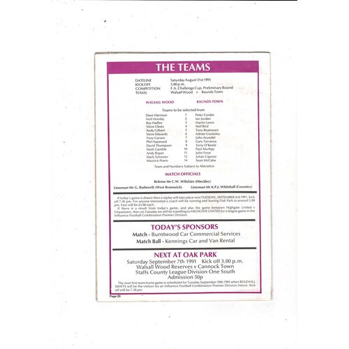Walsall Wood v Raunds Town FA Cup Football Programme 1991/92