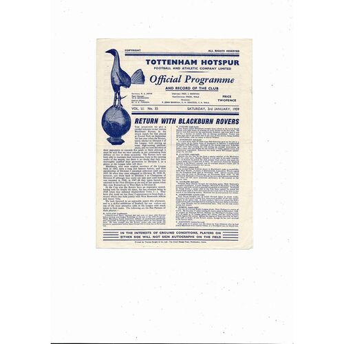 1958/59 Tottenham Hotspur v Blackburn Rovers Football Programme