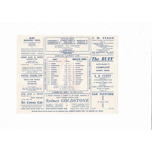 1959/60 Bury v Doncaster Rovers Football Programme