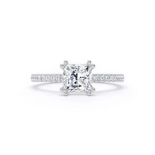 Princess cut double claw solitaire with diamond set shoulders