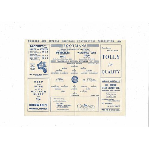 Ipswich Town v Fulham Football Combination Football Programme 1956/57