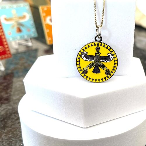 Round Pendant. The Persian Falcon. Deep Yellow with 3 White Stones.