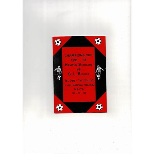 Hamrun Spartans v Benfica European Cup Football Programme 1991/92