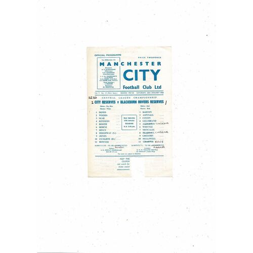 Manchester City v Blackburn Rovers Central League Football Programme 1967/68