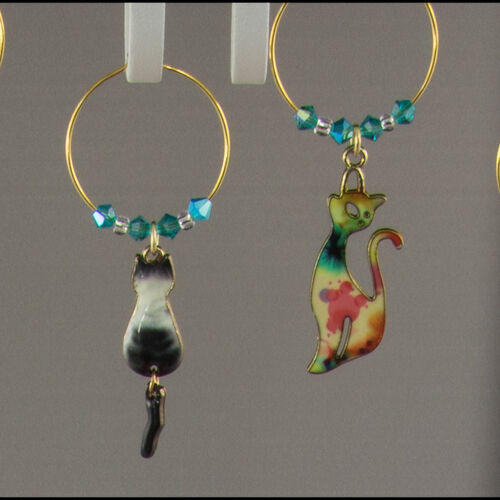 Set of Six Enamel Cat Wine Glass Charms with Moving Tails & Preciosa Crystals