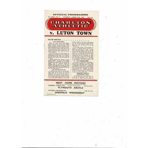 1956/57 Charlton Athletic v Luton Town Football Programme