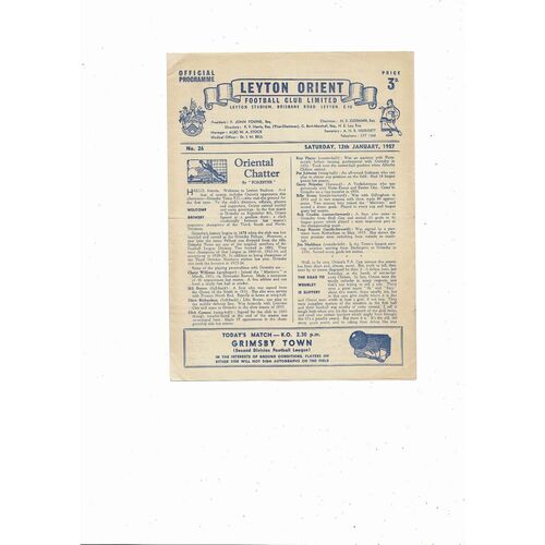 1956/57 Leyton Orient v Grimsby Town Football Programme