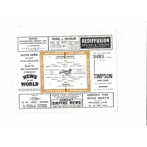 1956/57 Newport County v Reading Football Programme