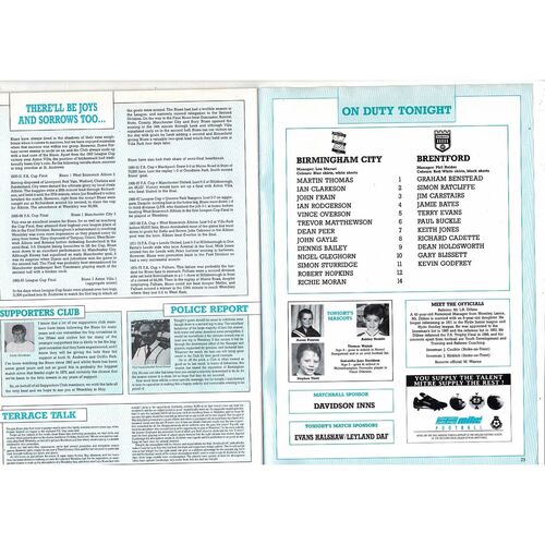 Birmingam City v Brentford Leyland DAF Cup Southern Area Final Football Programme 1990/91