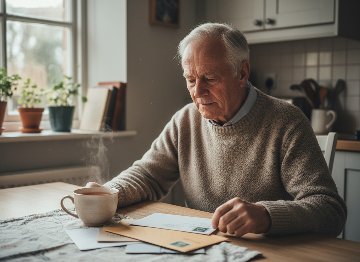 Older person sitting at kitchen table looking thoughtfully at unopened post and a cup of tea