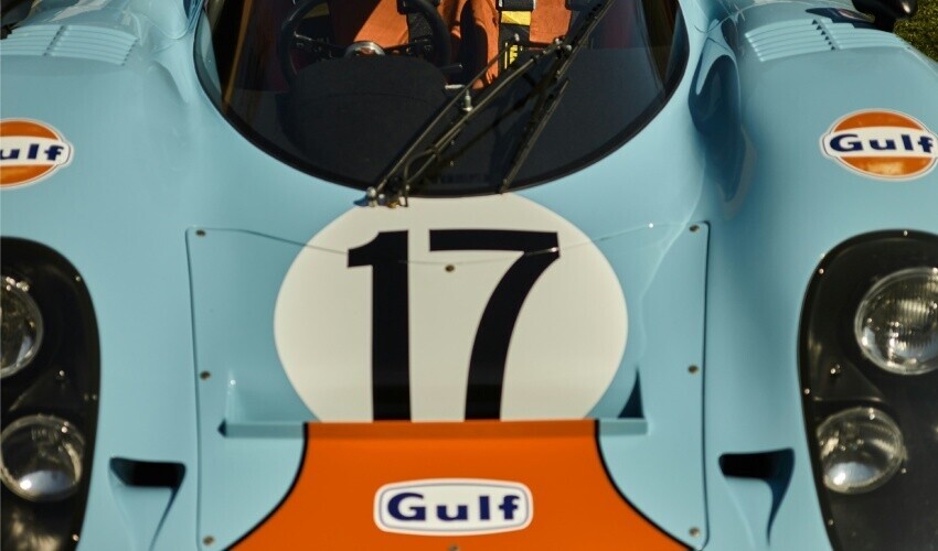 Gulf motorsport sponsored livery on blue race car.