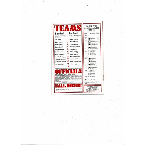 1977/78 Brentford v Southend United Football Programme