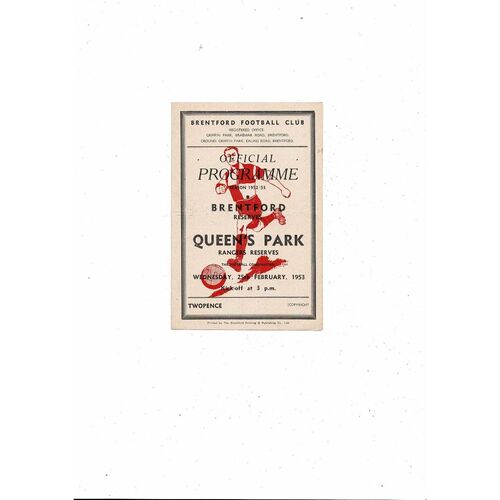 Brentford v Queens Park Rangers Football Combination Programme  1952/53 February