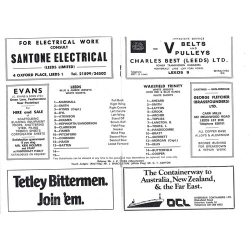 1974/75 Leeds v Wakefield Trinity (26/12/1974) Rugby League Programme