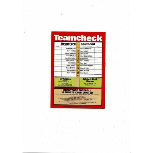1981/82 Brentford v Southend United Football Programme