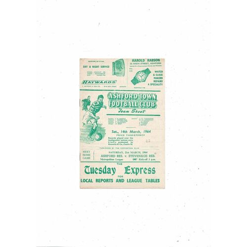 1963/64 Ashford Town (Kent) v Canterbury City Southern League Football Programme