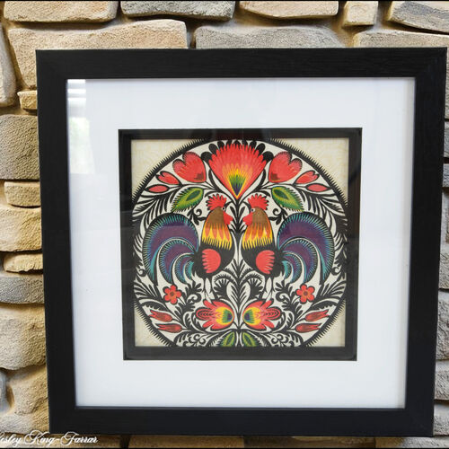 Vibrant Decoupaged Cockerels Wall Art – Black Edged Frame