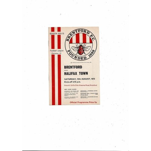 1972/73 Brentford v Halifax Town Football Programme