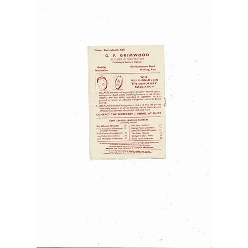 1956/57 Bexleyheath & Welling v Ashford Town Kent League Football Programme