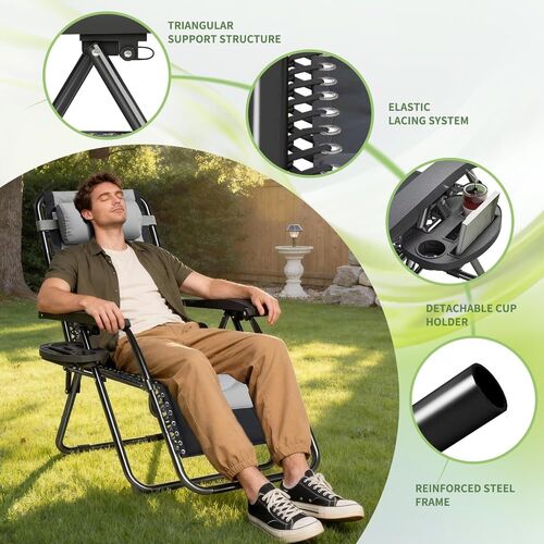 mcc direct Zero Gravity Chair Set of 2 – Padded Oxford Fabric Reclining & Folding Outdoor Garden Chairs with Cup Holder and Headrest Pillow –  OXFORD