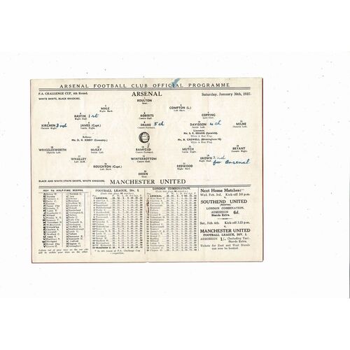 1936/37 Arsenal v Manchester United FA Cup Football Programme