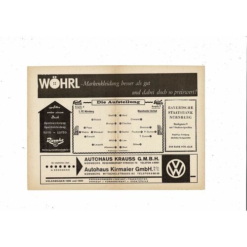 Nurnberg v Manchester United Friendly Football Programme 1965/66