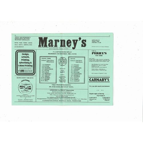 Yeovil Town v Hayes FA Cup Football Programme 1980/81