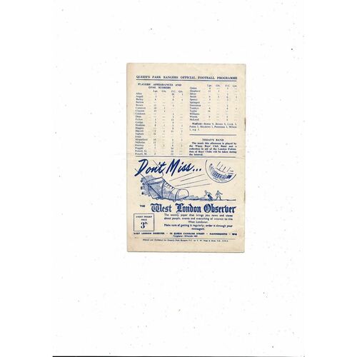 1953/54 Queens Park Rangers v Watford Football Programme