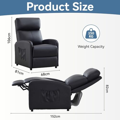 mcc direct Push Back Recliner Chair, PU Leather Single Sofa with Lumbar Support, Padded Backrest, Side Pocket and Adjustable Leg Rest for Home Living Room Theatre (Shadow Black)