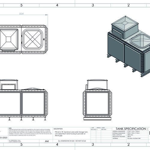 PW.2X1X1.TIF.AB - 2843 LITRE SECTIONAL WATER TANK, INTERNALLY FLANGED BASE (IFB) C/W FVH