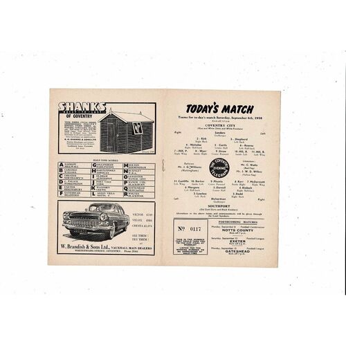 1958/59 Coventry City v Southport Football Programme