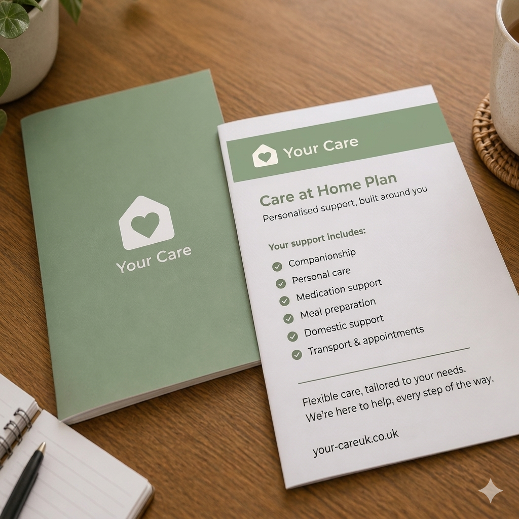A realistic, high-quality photograph of professional "Your Care" home care documents resting on a wooden table. The image features a sage green brochure with the white house-and-heart logo and a detailed "Care at Home Plan" booklet. The plan lists services such as companionship, personal care, and meal preparation, with the website "your-careuk.co.uk" clearly visible at the bottom. A cup of tea and a notepad are partially visible in the natural light, creating a professional yet warm and domestic feel.