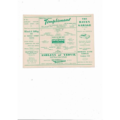 1956/57 Yeovil Town v Exeter City Southern League Football Programme