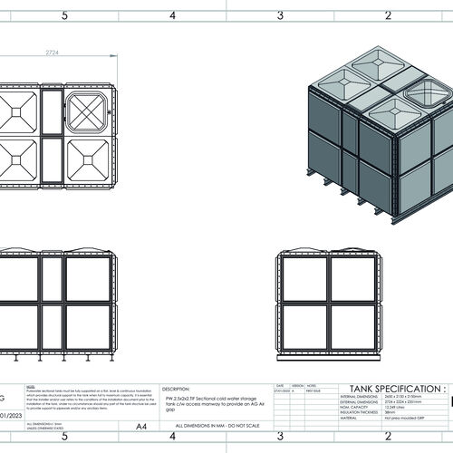 PW.2.5x2x2.TIF.AG - 12,249 LITRE SECTIONAL WATER TANK, TOTALLY INTERNALLY FLANGED (TIF)