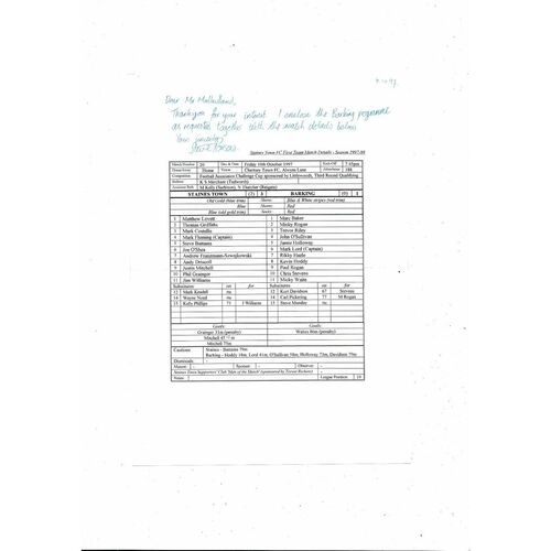 Staines Town v Barking FA Cup Football Programme + Team Sheet 1997/98