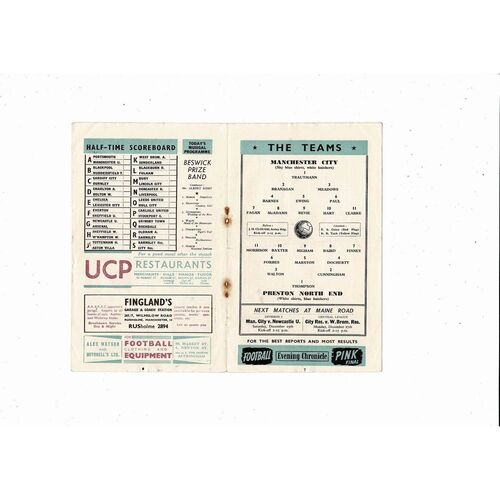 1954/55 Manchester City v Preston Football Programme