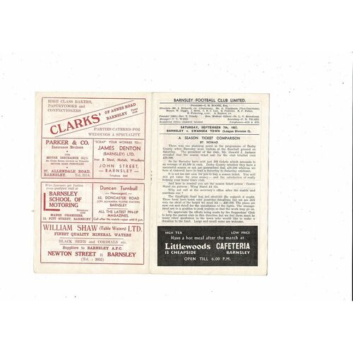 1957/58 Barnsley v Swansea Town Football Programme