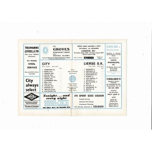 Manchester City v Lierse European Cup Winners Cup Football Programme 1969/70