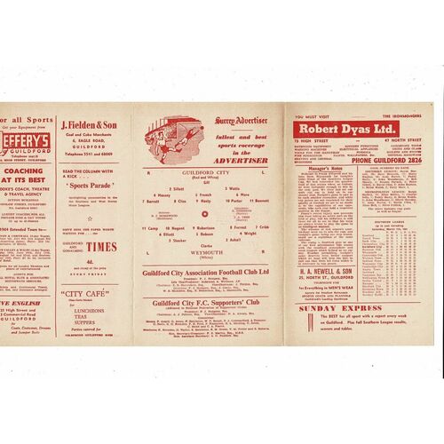 1963/64 Guildford City v Weymouth Southern League Cup Semi Final Programme