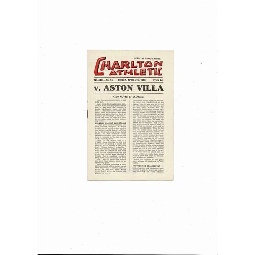 1948/49 Charlton Athletic v Aston Villa Football Programme