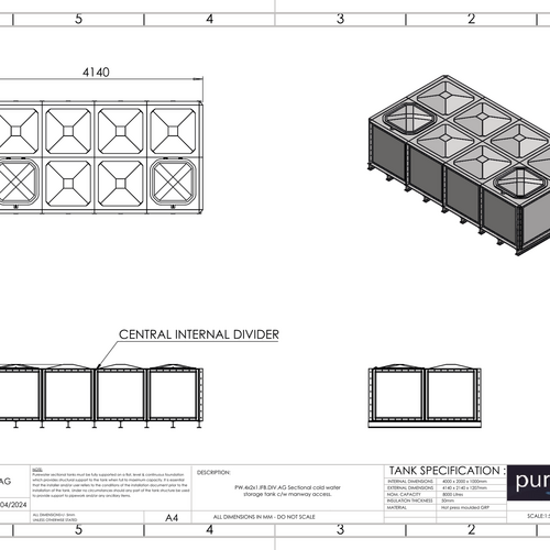 PW.4X2X1.IFB.DIV.AG(2+2) - 8000 LITRE DIVIDED SECTIONAL WATER TANK, INTERNALLY FLANGED BASE (IFB)