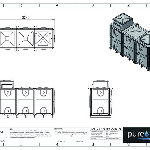 PW.3X1X1.5.IFB.AB - 4500 LITRE SECTIONAL WATER TANK, INTERNALLY FLANGED BASE (IFB) C/W FVH