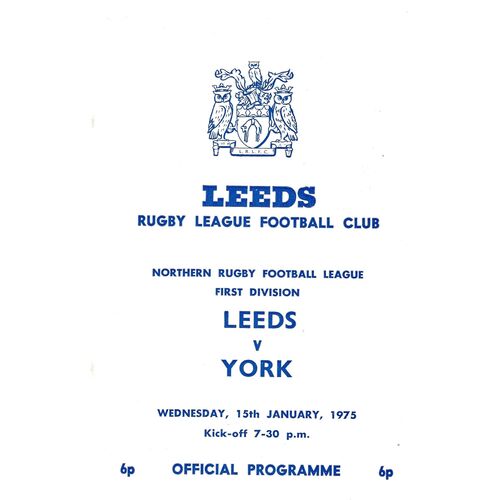 1974/75 Leeds v York (15/01/1975) Rugby League Programme