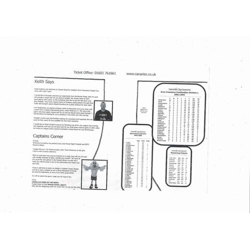 Norwich City v Luton Town Football Combination Programme 2001/02