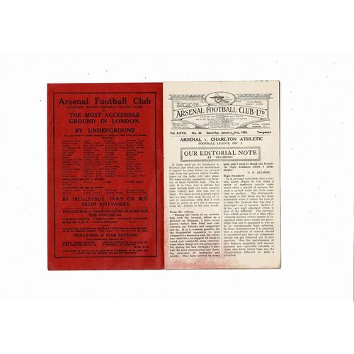 1938/39 Arsenal v Charlton Athletic Football Programme