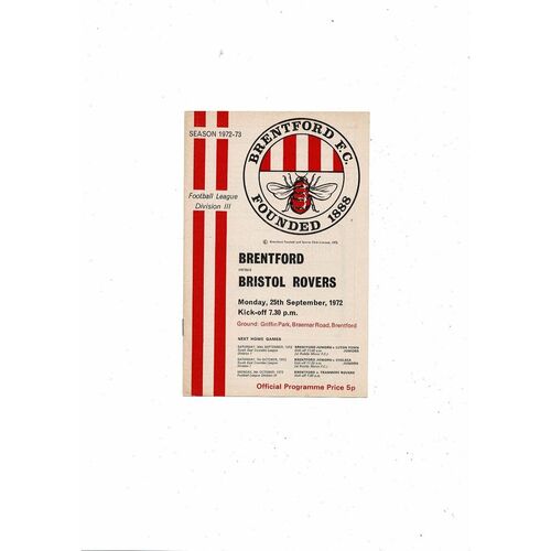 1972/73 Brentford v Bristol Rovers Football Programme